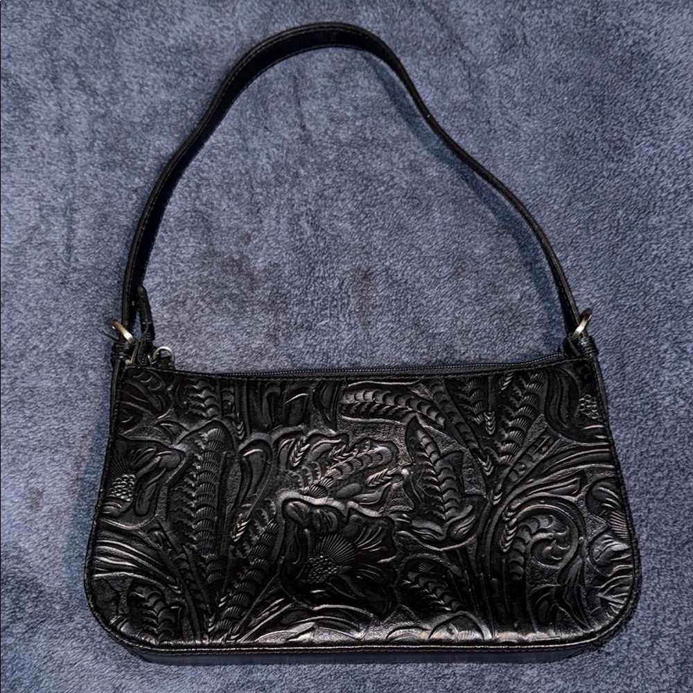 Valerie Stevens Black Floral Embossed Leather Shoulder Mini Bag